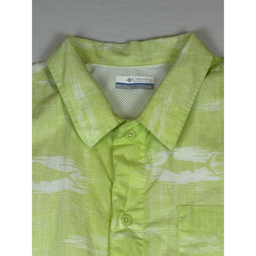 Columbia PFG Shirt Mens Large Lime Green w/Fish Button Up Vented Performance - Picture 2 of 7